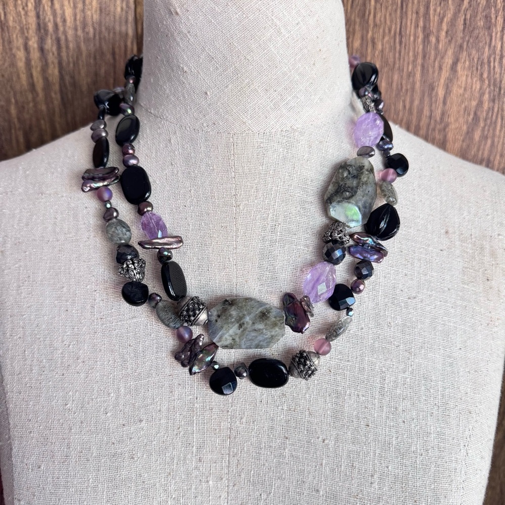 Vintage‎ Maya Evangelista Gemstone Necklace Japanese Pearl Amethyst Labradorite